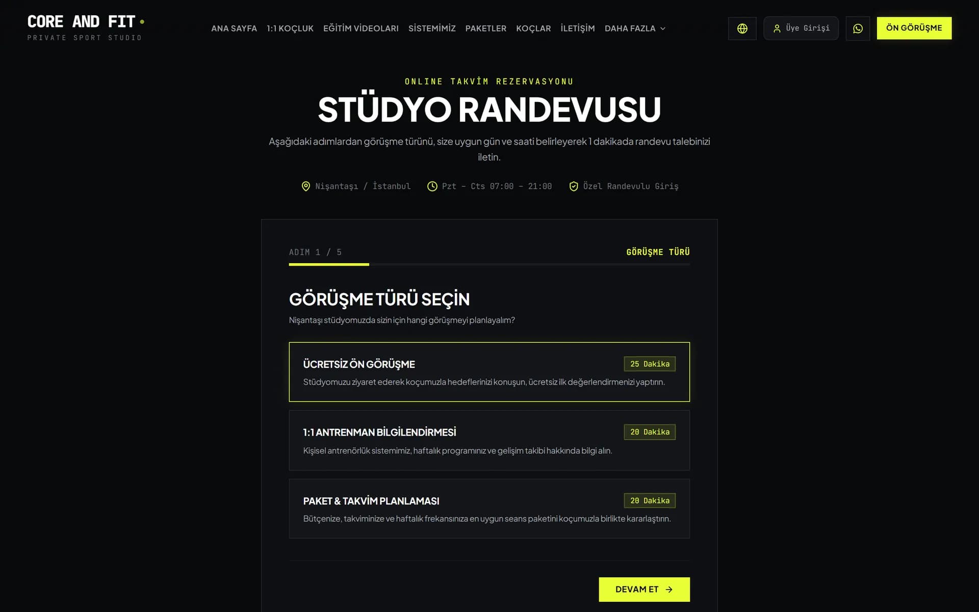 Core And Fit: Online stüdyo randevu akışı