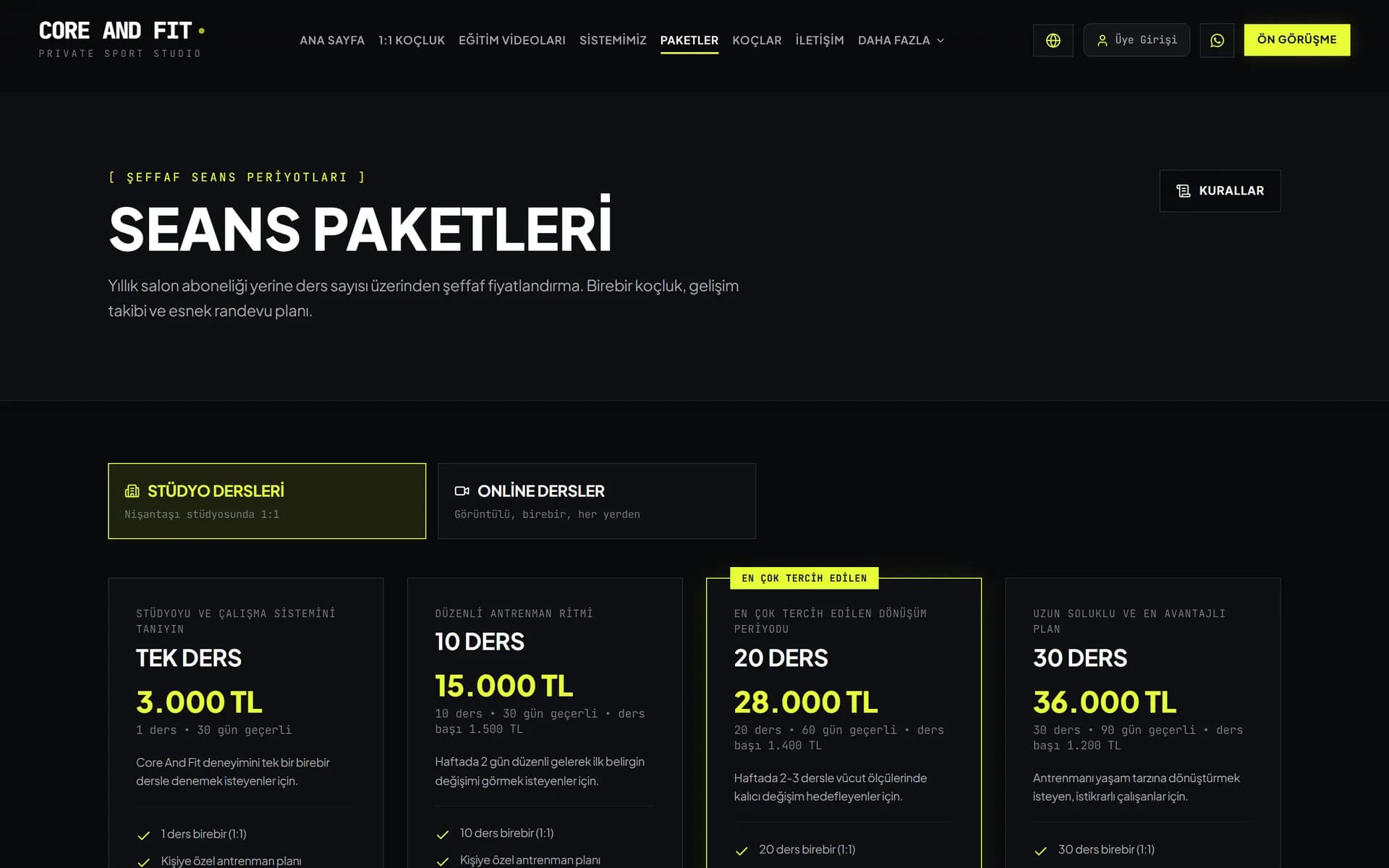 Core And Fit: Seans paketleri