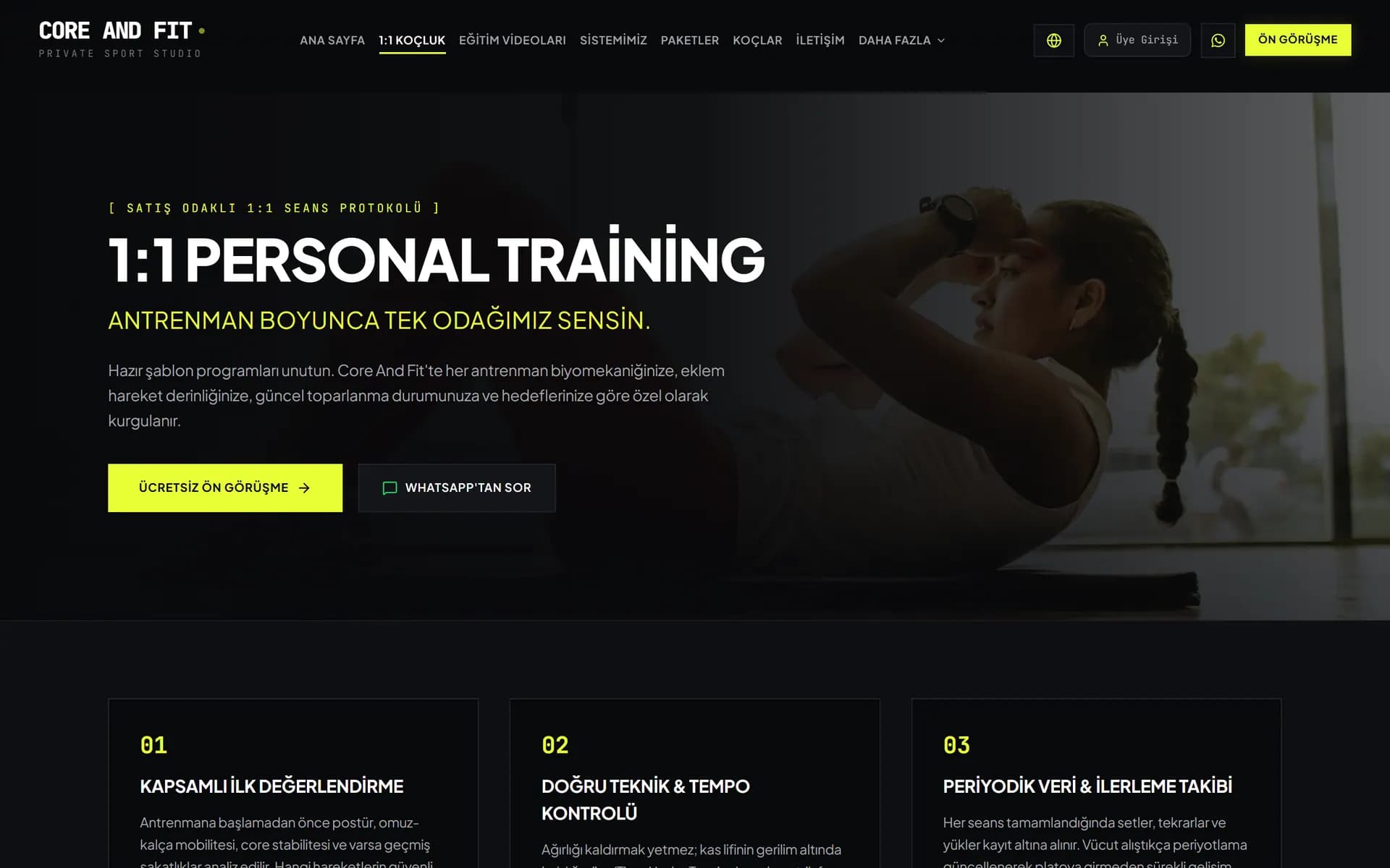 Core And Fit: 1:1 personal training sayfası