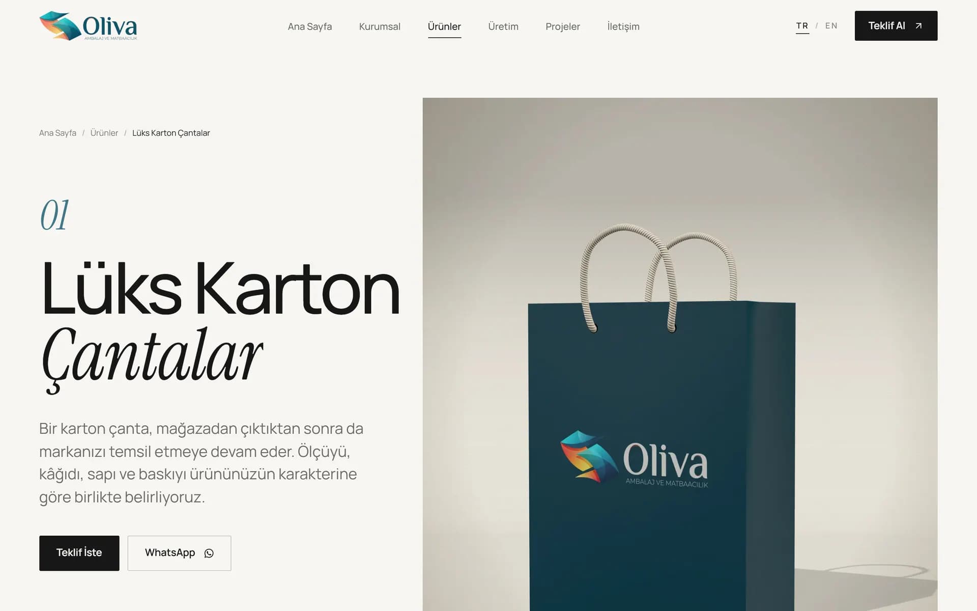 Oliva Packing: Lüks karton çanta ürün sayfası