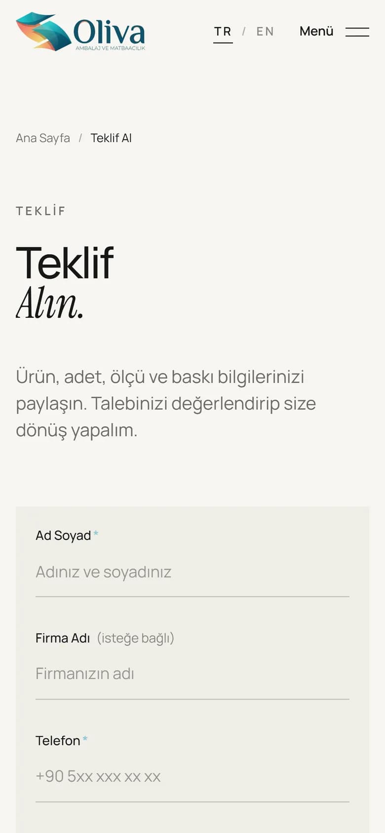 Oliva Packing: Teklif formu, mobil
